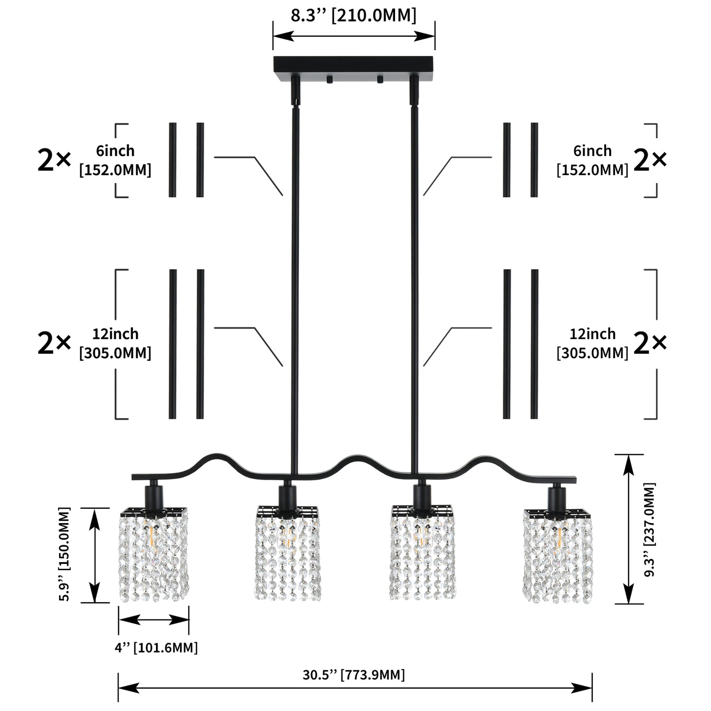 Crystal Chandelier 4-Light Linear Raindrop Pendant Ceiling Light